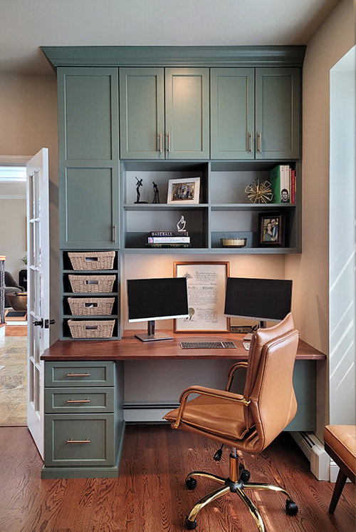 Custom Home Office with Fern Green Finish and Red Oak Desktop, Matte Gold Hardware, Upper Cabinet with Open Shelves & Storage Drawers with File Drawer in Salisbury Mills, NY