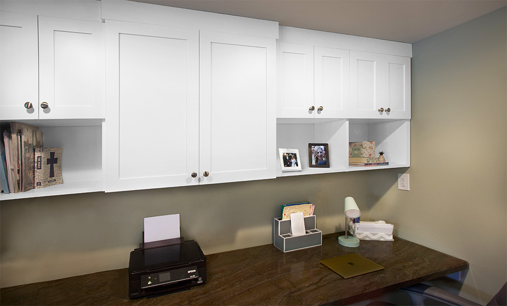 Home Office Cabinets with Open Book Shelves and Spacious Work Counter