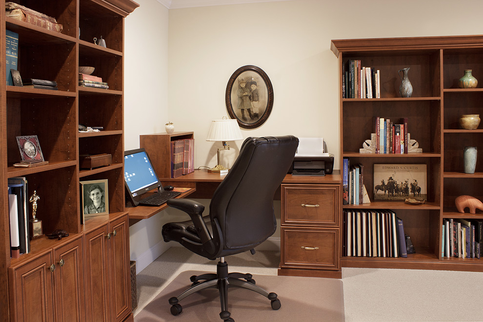 Corner Desk Framed By Dual Storage Cabinets with Open Shelves