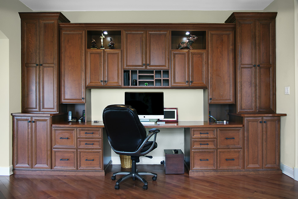 Wall to Wall Home Office Desk Cabinets with Spacious Work Surface, Paper Cubbies and Display Shelves