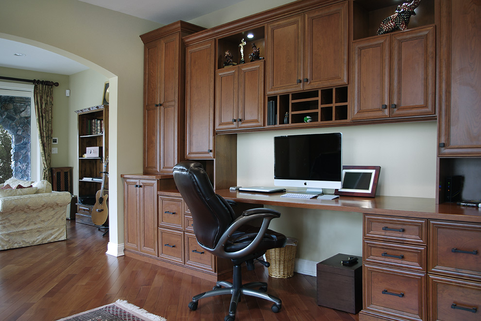 Home Office Cabinets with Crown Moulding, Storage Drawers and Overhead Storage