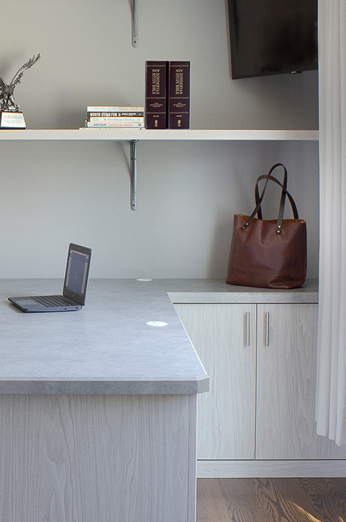 Office Desk Corner with Cabinet and Shelf