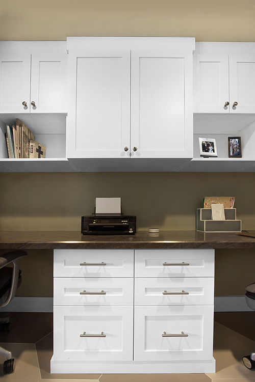 Hallway Home Office with Open Shelving and Upper and Lower Cabinets