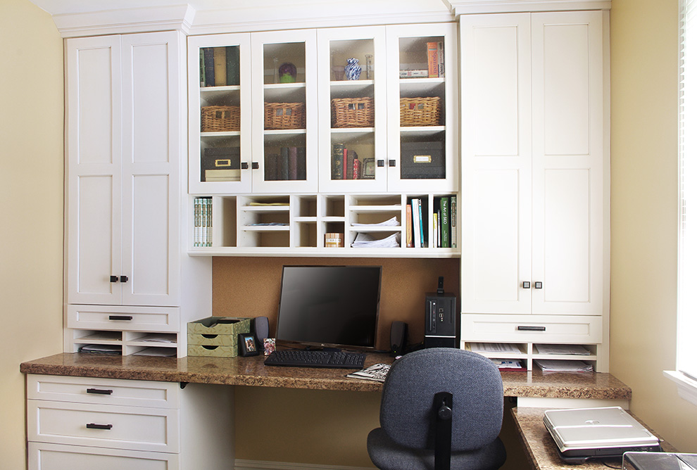 Home Office Cabinets with Bi-Level Desktop and Seeded Glass Door Inserts