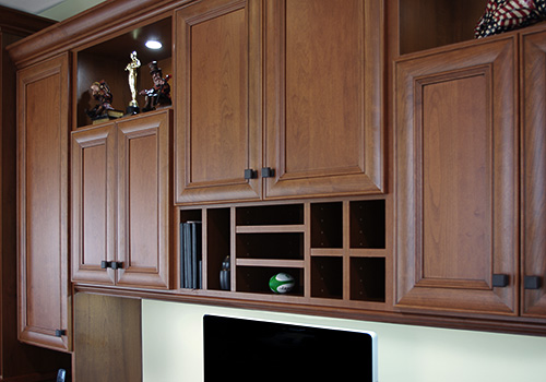 Home Office Overhead Cabinets with Paperwork Cubbies and Open Display Shelves