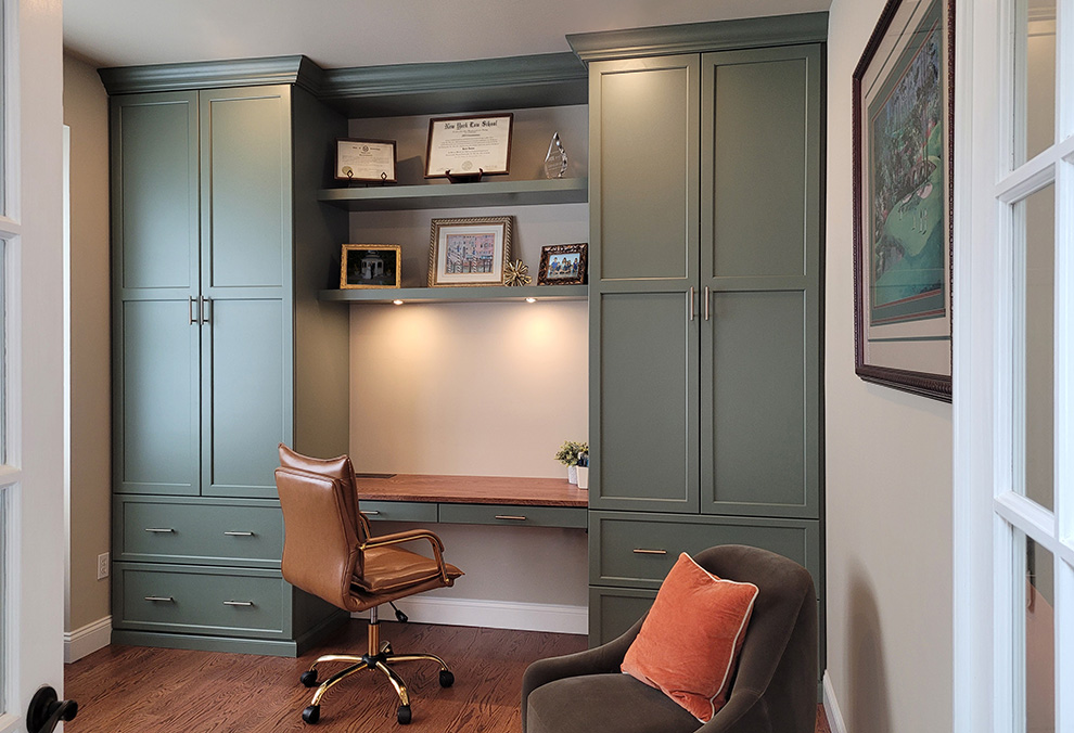 Custom Home Office in Fern Green Finish, Red Oak Desktop, Open Shelves and Floor to Ceiling Storage Cabinets