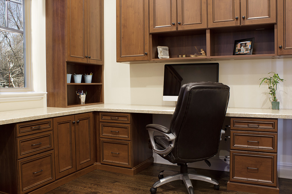 Shared Home Office with Expansive Desktop, Generous Cabinets with Open Shelving and Lower Cabinets and Drawers