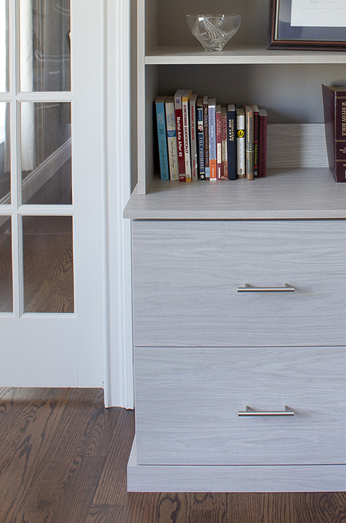 Corner Office Cabinet with Open Shelves and Drawers Close Up