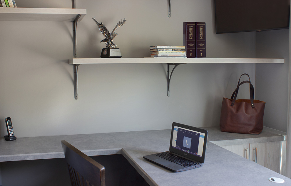 L-Shaped Home Desk with Wall Shelves Close Up