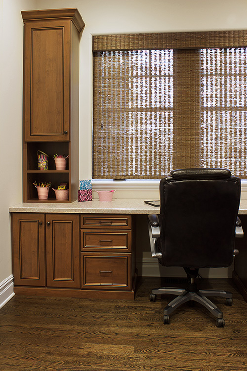 Home Office with Supply Cabinets, Open Shelves, Varied Depth Drawers and Spacious Desktop