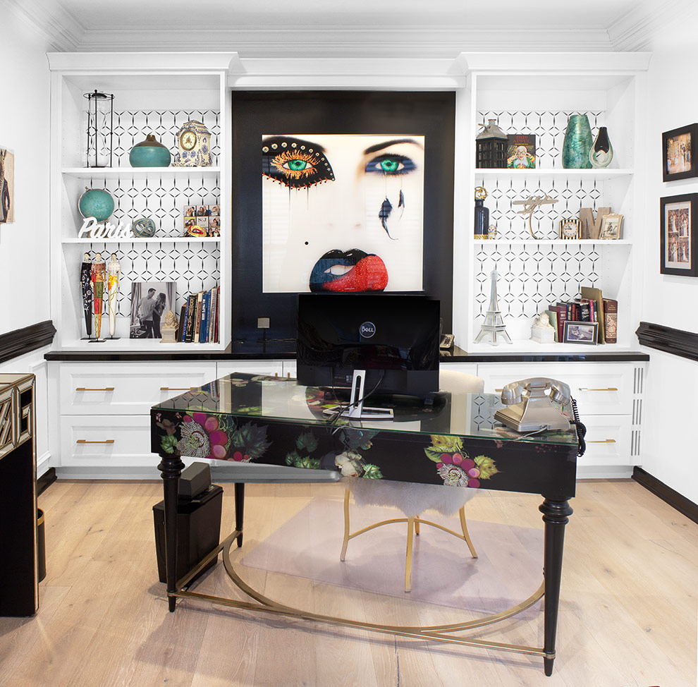 White Home Office Cabinets and Open Shelving