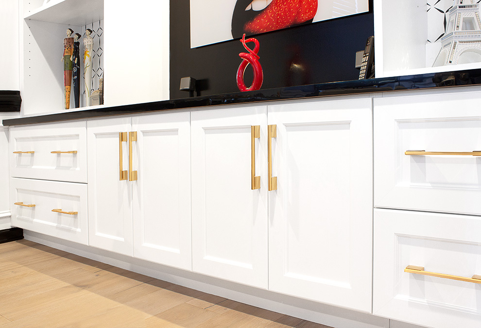 Home Office with Spacious Drawers and Black High Gloss Countertops on Cabinets