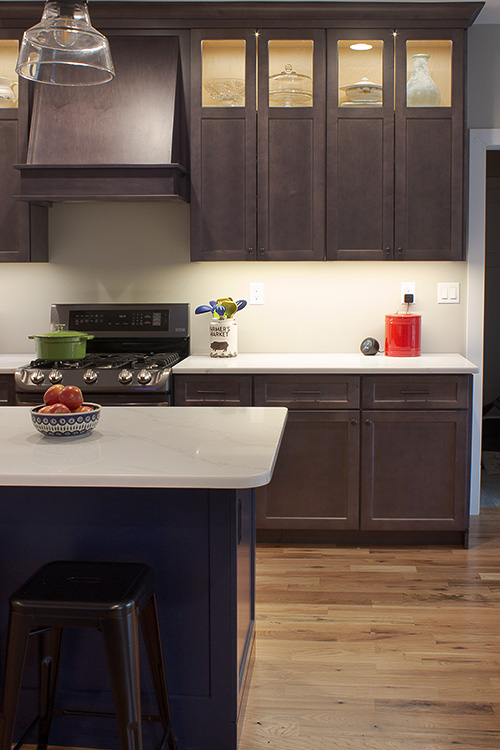 Grey Shale Cabinets with Blue Kitchen Island