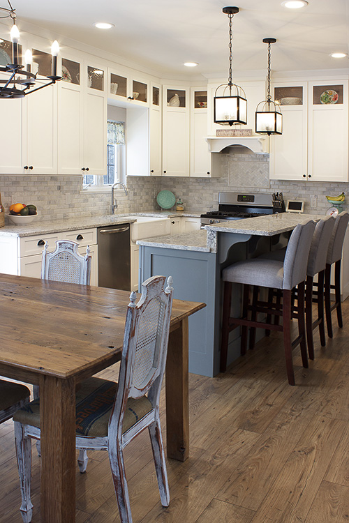 Classic White Kitchen with Contrasting Grey Island with Bar