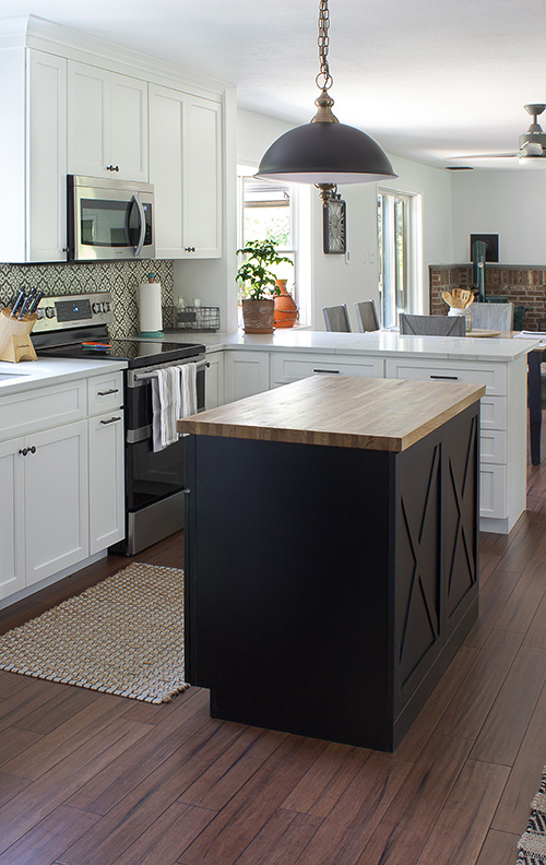 Black Kitchen Island with Cross Buck Trim