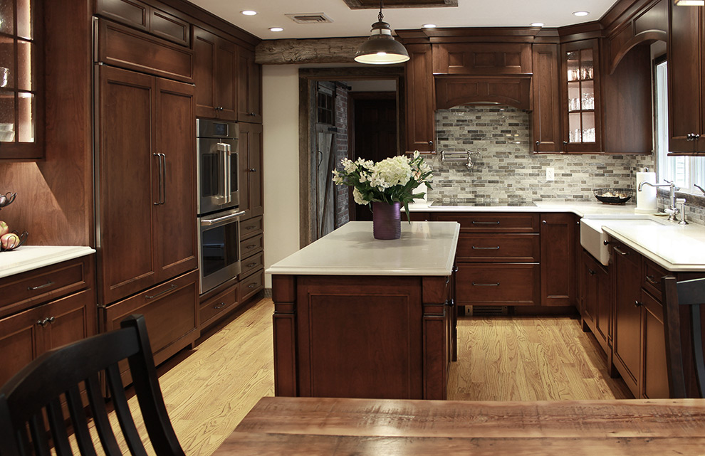 Kitchen Cabinets with Range Hood and Lighted Corner Cabinet with Glass Door