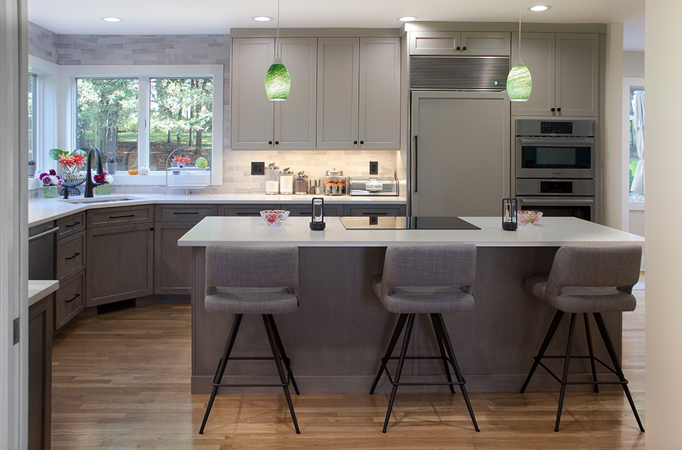 Grey Upper Kitchen Cabinets and Driftwood Stain Lower Cabinets