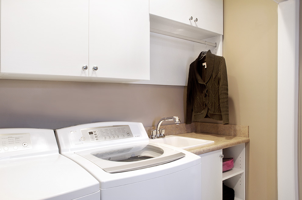 White Laundry Cabinets with Drying Rack and Lower Cabinet for Storage