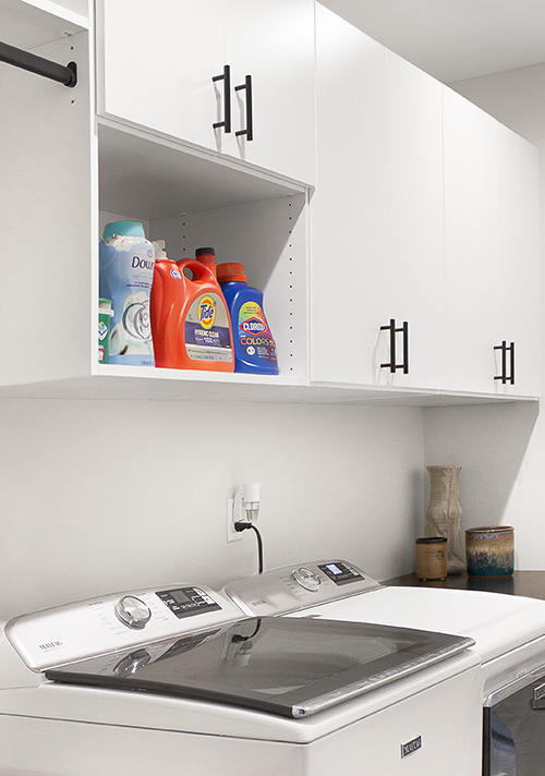 European Laundry Room Cabinets with Drying Rack and Convenient Shelf