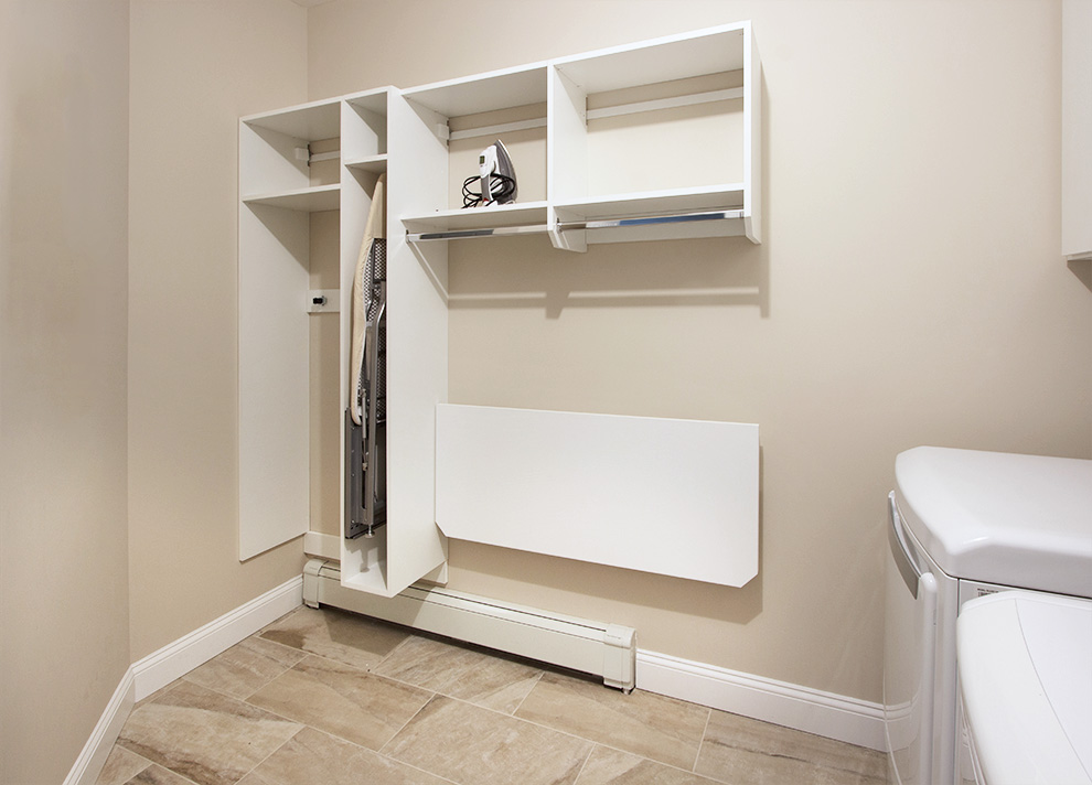 Fold-Out Laundry Ironing Board and Wall Mounted Folding Table Close Up