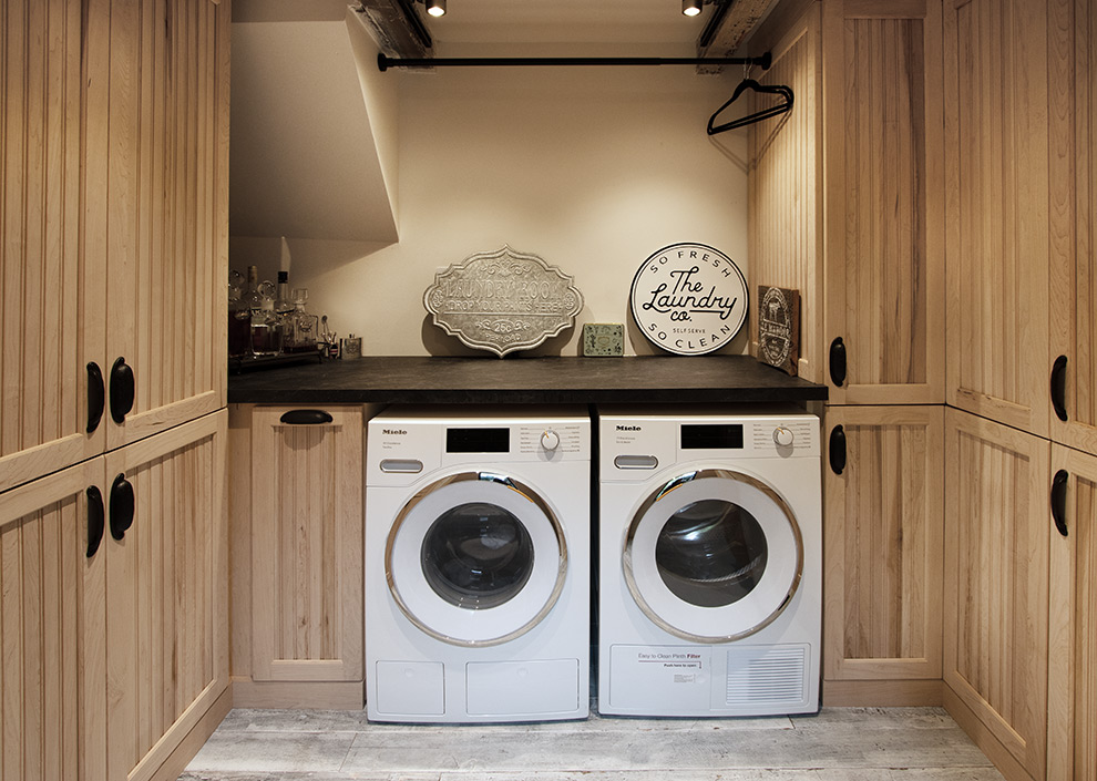 Custom Maple Laundry Room Storage Cabinets with Beadboard Recessed Panel Doors in Woodstock, NY