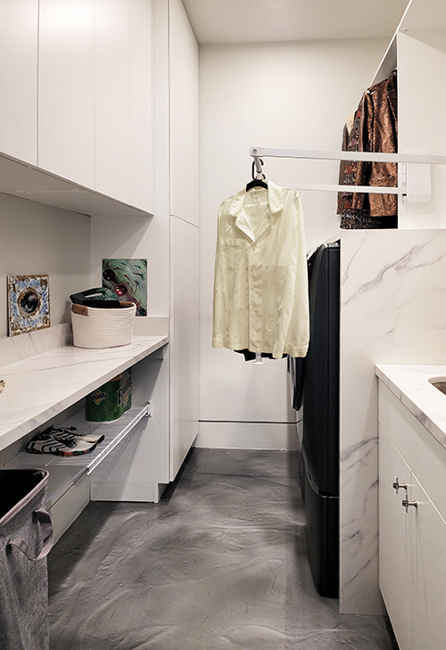 Tall Laundry Room White Cabinets for High Ceiling Laundry Room with Counter and Lower Wire Shelf in Washingtonville, NY