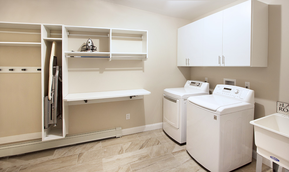 European Style White Laundry Cabinets with Wall Mounted Folding Table and Folding Table