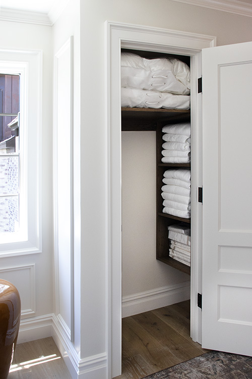 Custom Oak Shelves Linen Closet, Adjustable Shelves