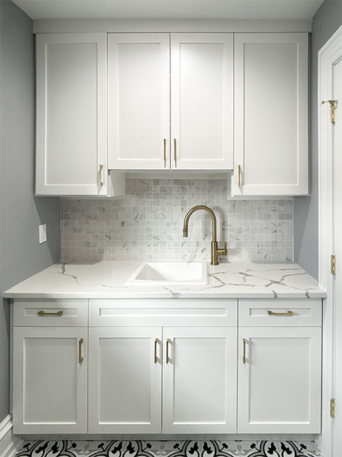 Tall Laundry Ceiling White Cabinets and Laundry Sink with Counter and Lower Cabinets