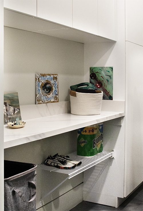 White Laundry Room Cabinets and Laundry Room Counter with Lower Wire Shelf