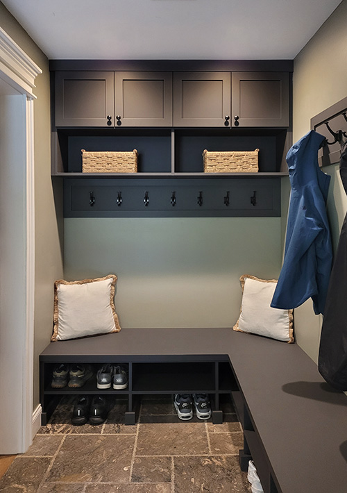 Custom Mudroom with L-Shaped Bench, Shoe Storage & Upper Cabinets with Open Shelves in Washingtonville, NY