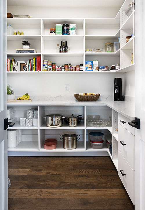 L-Shaped Pantry Shelves with Storage Drawers and Spacious Counter