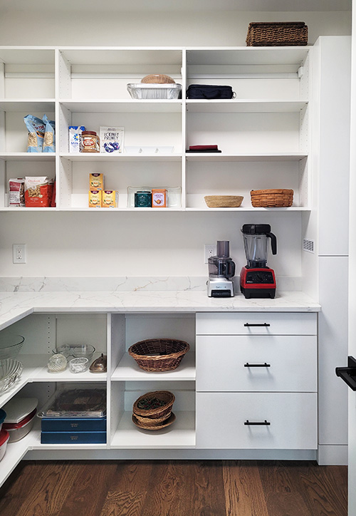 Custom Built-In Pantry Shelving with Storage Drawers and Vented WI-FI Router