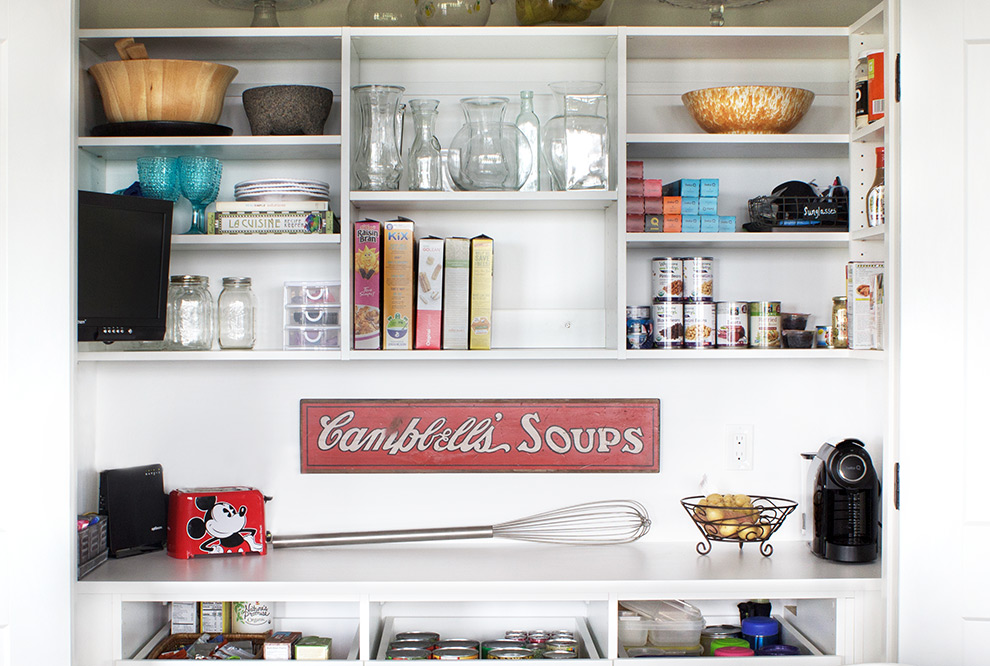 Organized White Pantry Shelves and Counter Close Up