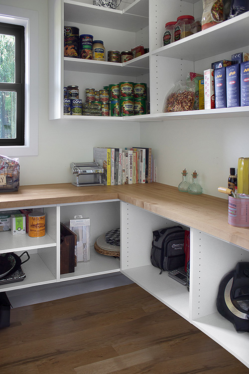 Pantry Adjustable Shelving with Maple Butcher Block Counter