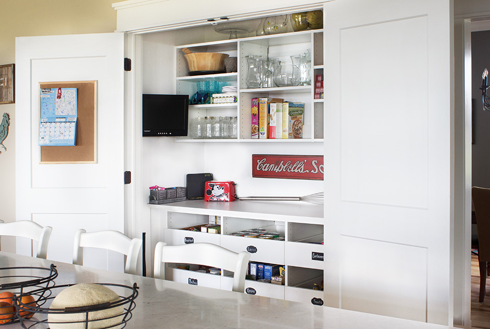 Pantry Food Storage Cabinets with Drawers, Counter and Open Shelves