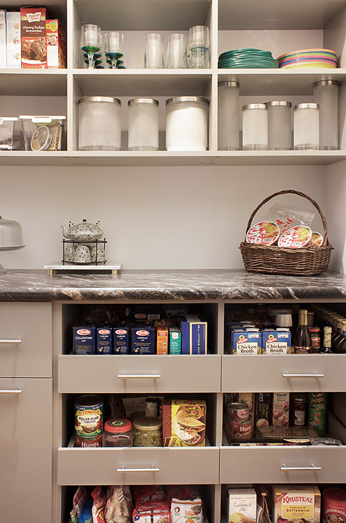 Pantry with Open Shelves and Open Pullout Drawers