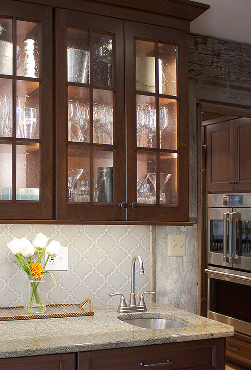 Wet Bar with Seeded Glass Cabinet Inserts