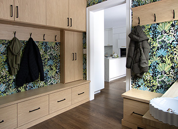 Custom Mudroom Cabinets with with Built-In Bench Seating, Shoe Storage & Charging Station Storage in Chester, NY